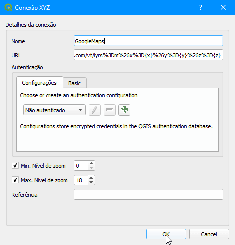  configuração do provedor Google Maps no QGIS