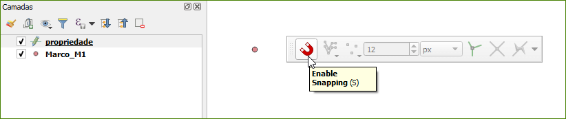 Clique no ímã para habilitar as ferramentas para atração no QGIS 3