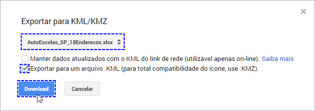 Opções para Exportação do Mapa para KML