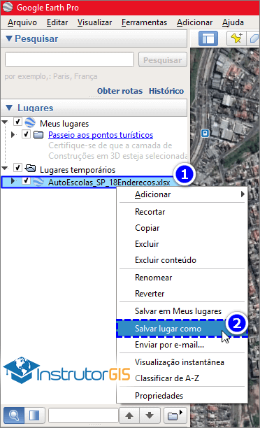 Google Earth Pro, opção Salvar Lugar Como