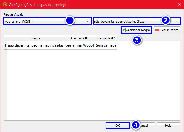 Regra para detecção de geometrias inválidas no QGIS.