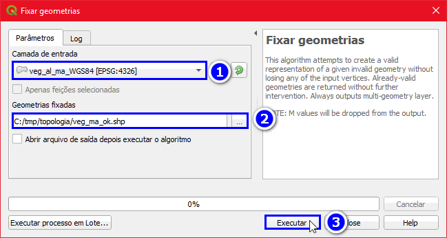 Para corrigir o vetor da vegetação, informe um novo nome para o arquivo.